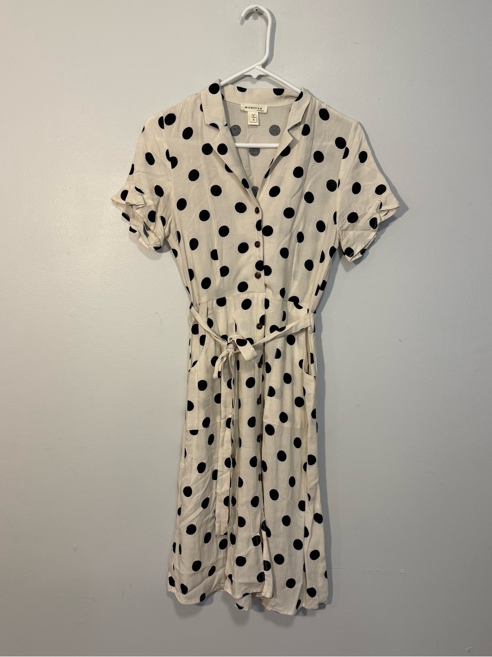 Monteau Black Polka Dot Cream Shirt Dress small